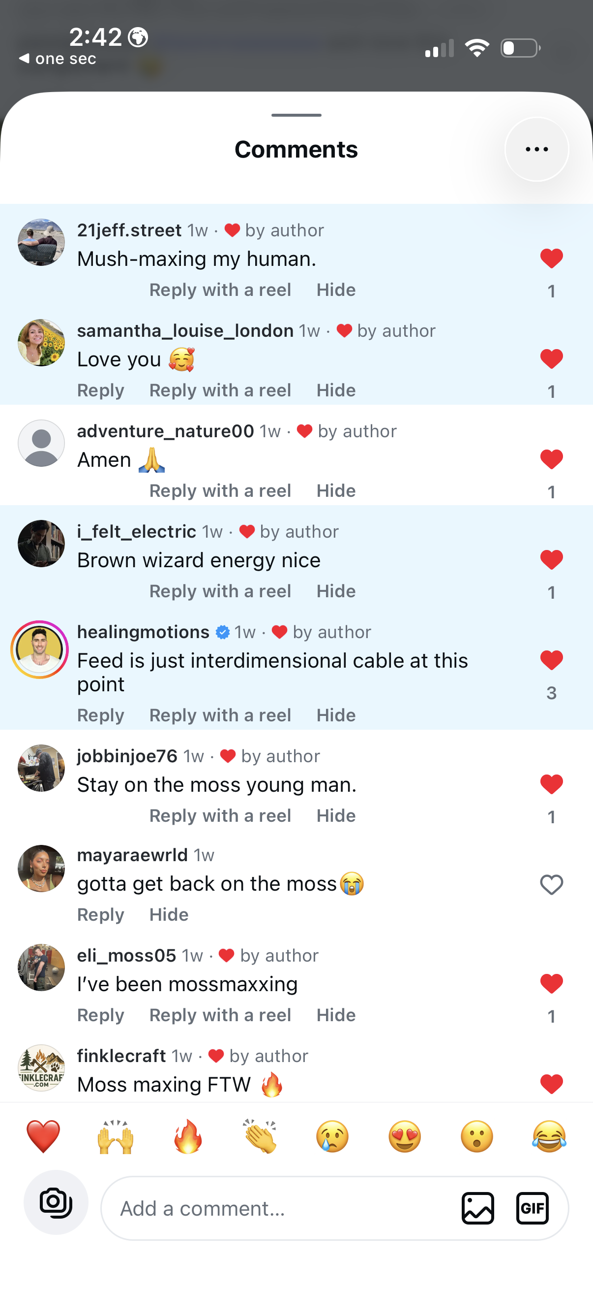 Screenshot of a comments thread full of moss-maxing jokes and appreciation