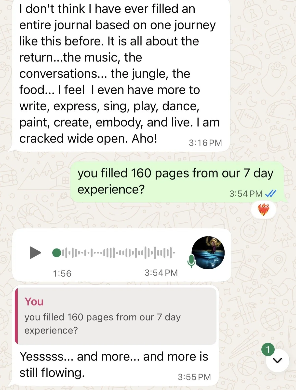 Voice memo conversation about a 7-day immersion experience